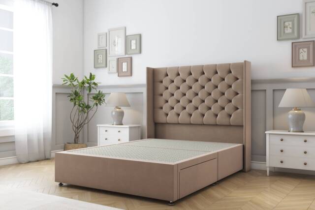 Sloomy Dior Mink Plush Divan Bed Base 2 Drawers Foot-End With 54 Inch Wingback Headboard Brown Mink Super King 1