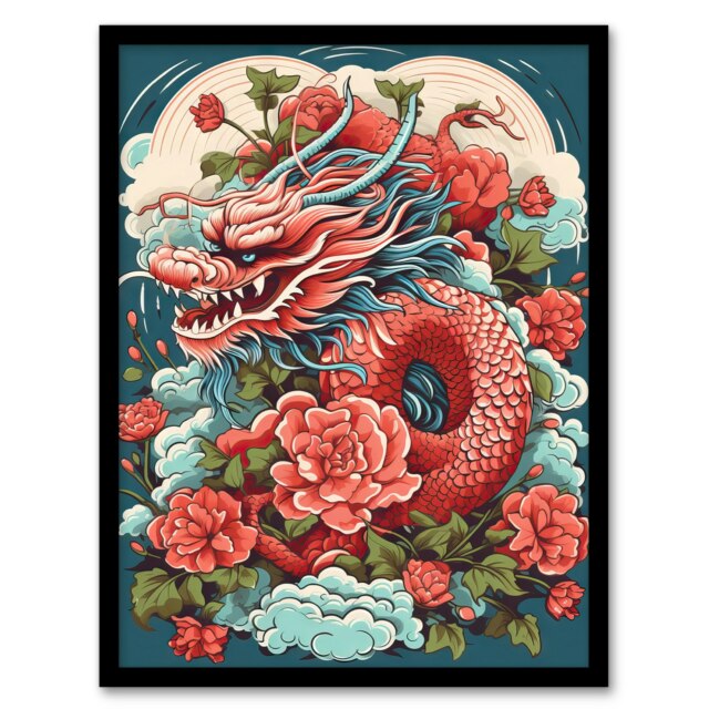 Fantasy Fierce Dragon Peony Flower 2024 Chinese Black Framed Wall Art Print A4