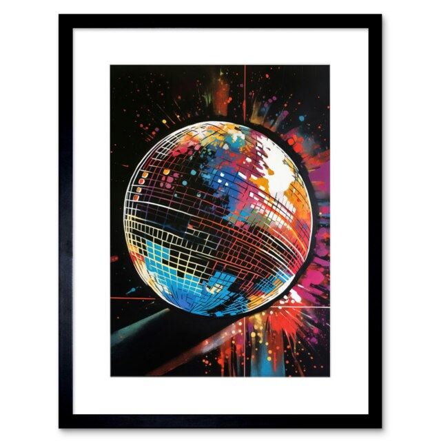 "Disco Ball Music Night Reflections Modern 9x7"" Black Framed Wall Art Print"