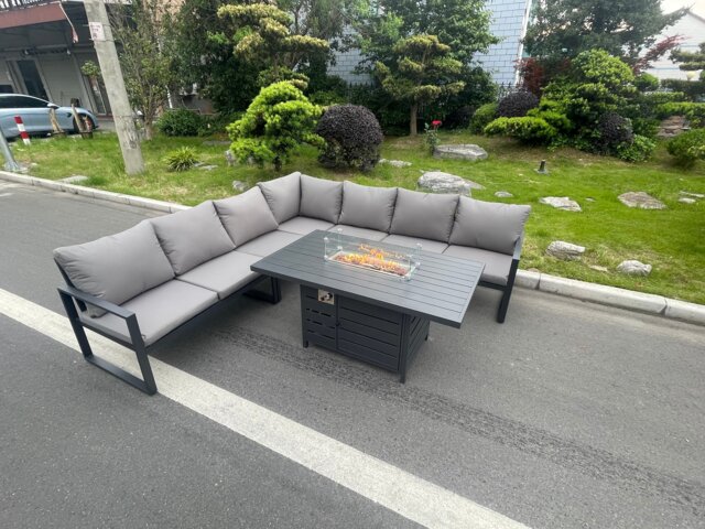 Fimous Aluminum Outdoor Garden Furniture Corner Sofa Gas Fire Pit Dining Table Sets Gas Heater Burner Dark Grey 7 Seater