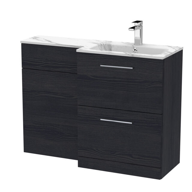 Balterley Bramshall Contemporary Floor Standing 2 Drawer Vanity Basin WC Combination Unit, Carrera Marble Stone Basin, Right Hand, 1100mm, Woodgrain