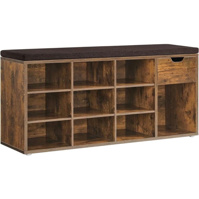 Shoe Bench with Cushion, Drawer and Open Storage Compartments, Rustic Brown and Bronze