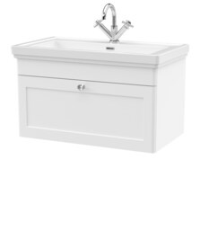 Balterley Classic Traditional Bathroom Wall Hung 1-Drawer Vanity Unit & Fireclay Basin White Satin White