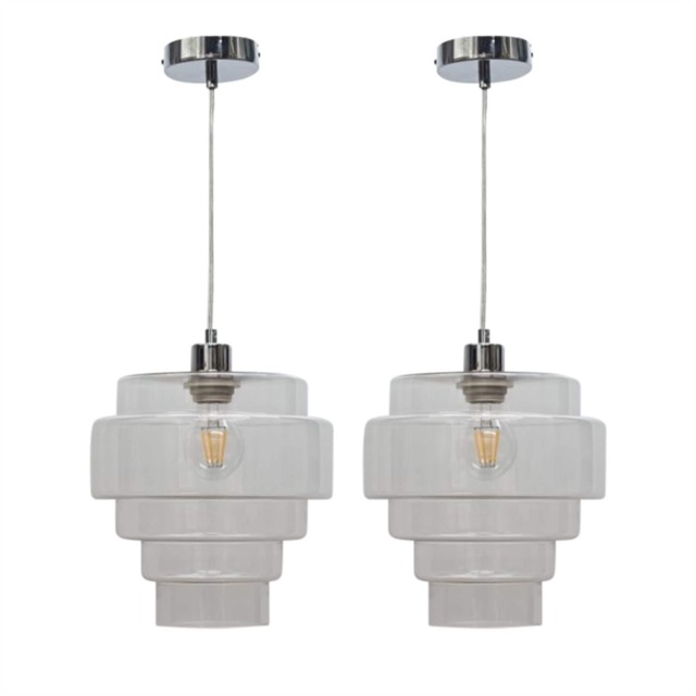 Set of 2 Benson - 5 Tier Clear Glass & Chrome Ceiling Pendant Lights