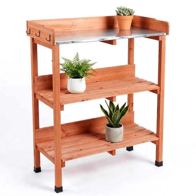 GEEZY Wooden Potting Bench 3 Tier Garden Station with Metal Worktop Shelves