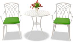 Centurion Supports OSHOWA Luxurious Garden and Patio Table and 2 Large Chairs with Armrests Cast Aluminium Bistro Set - White with Green Cushions