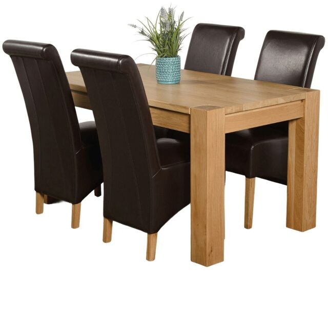 Kuba 150 x 85cm Chunky Medium Oak Dining Table and 4 Montana Leather Chairs Brown Brown