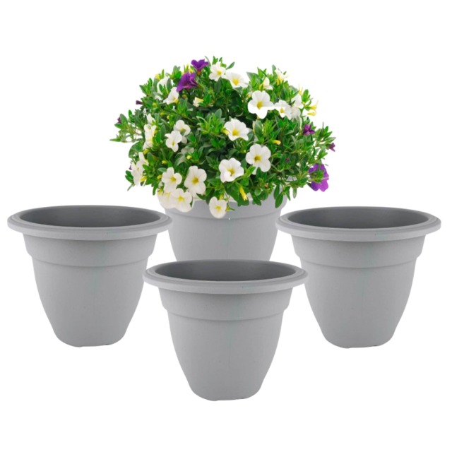 4x Grey Round Bell Plant Pot 38cm Plastic Bell Planter Patio Flowerpot