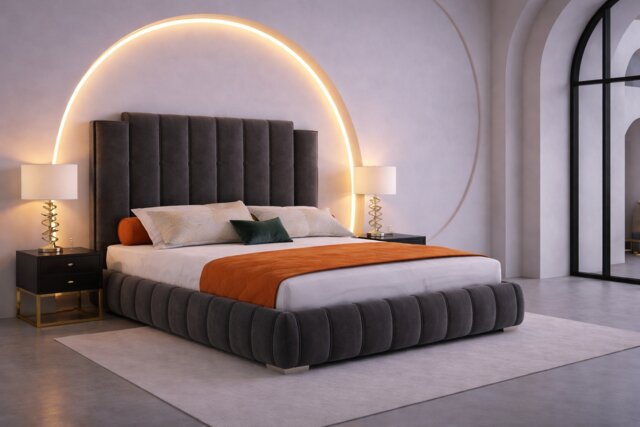 4ft6 Double Grey Plush Velvet Tower Panel Bed Frame