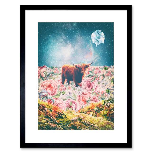 "Scottish Highland Hairy Coo Cow Psychedelic Collage 9x7"" Black Framed Wall Art Print"