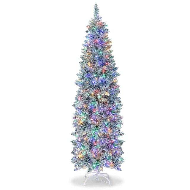 COSTWAY 6FT Pre-Lit Artificial Christmas Tree Pencil Xmas Tree Green 6ft