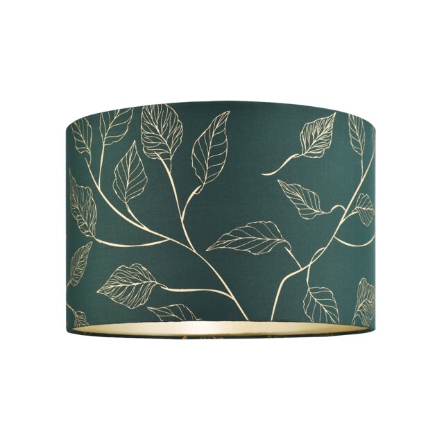 Modern Forest Green Cotton Fabric Drum Lamp Shade with Gold Foil Floral Design Green Forest Green 1