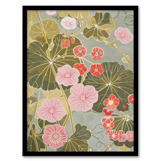 Pink Geranium Flowers Pastel Foliage Living Room Black Framed Wall Art Print A4