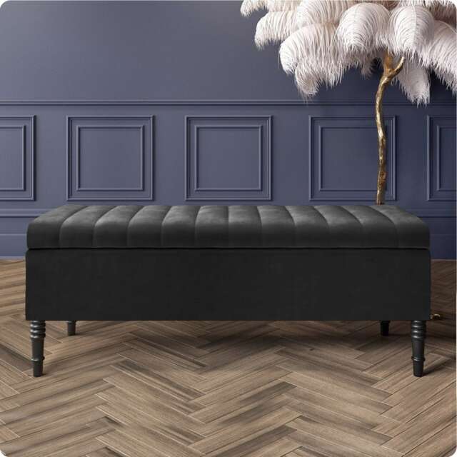 137cm Paris Striped Ottoman Storage Bench- Plush Velvet Shoe Bench - Black Upholstery Footstool with Storage