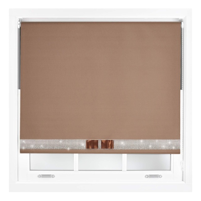 FURNISHED Blackout Roller Blinds with Diamante Trim and Bow Cut to Size Brown Brown (W) 60cm x (L) 165cm