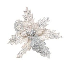 Silver Glitter Velvet Poinsettia Christmas Pick Decoration 30cm