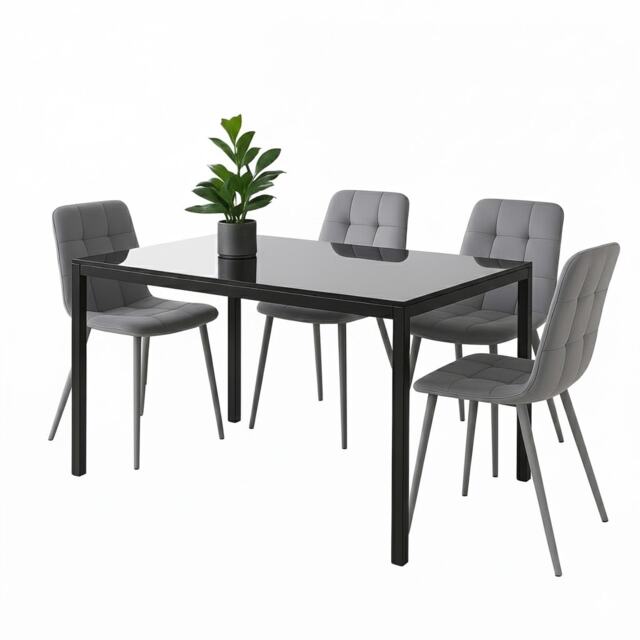 Modern Black Glass Dining Table Set with 4 Grey velvet Chairs Dining Room Furniture
