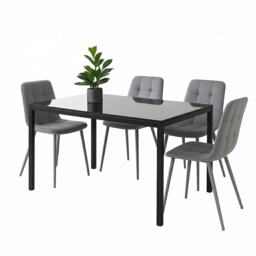 Modern Black Glass Dining Table Set with 4 Grey velvet Chairs Dining Room Furniture