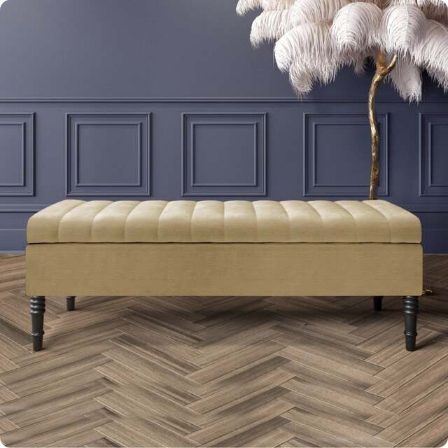 Safar 90cm Ottoman Storage Bench - Naples Shoe Bench - Beige Lined Upholstery Storage Footstool