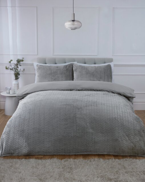 Chevron Faux Teddy Polyester Fleece Duvet Cover Set with Pillowcase Silver Double