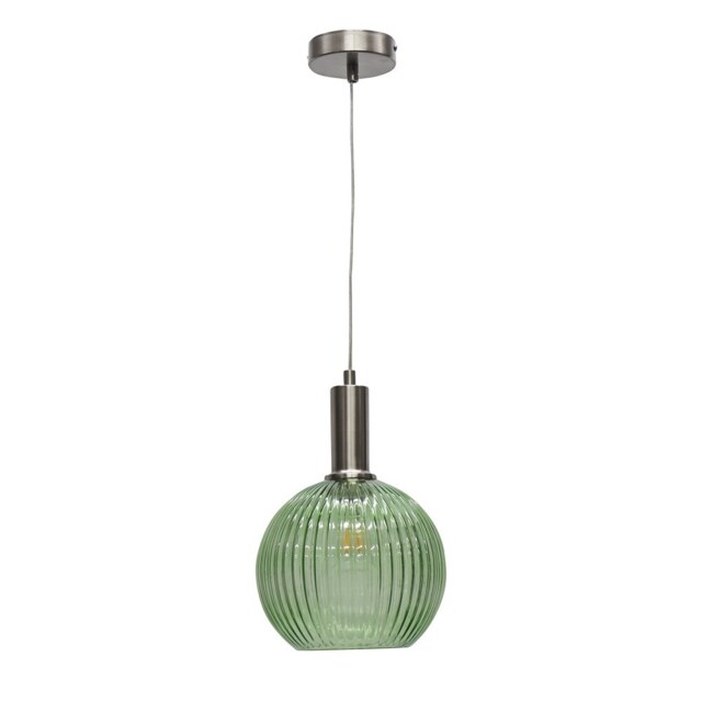 Betchley - Green Ribbed Glass Globe Satin Nickel Deco Pendant Fitting