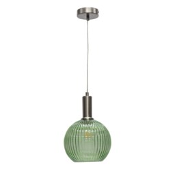 Betchley - Green Ribbed Glass Globe Satin Nickel Deco Pendant Fitting