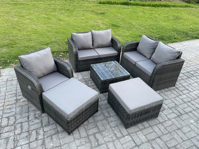 Fimous 7 Seater High Back Rattan Garden Furniture Set with Square Coffee Table 2 Big Footstool Love Sofa Indoor Outdoor Patio Lounge Sofa Set Dark Grey Mixed