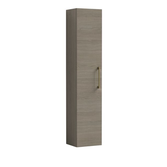 Balterley Level Modern Bathroom 1 Soft Close Door Wall Hung Tall Storage Unit, Woodgrain Mid Oak with Handle Brown Solace Oak