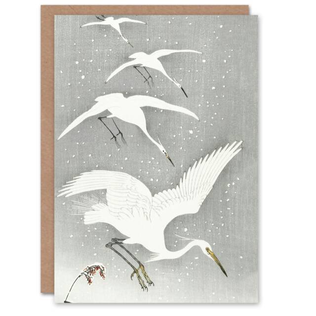 Ohara Koson Art Card Descending Egrets In Snow Vintage