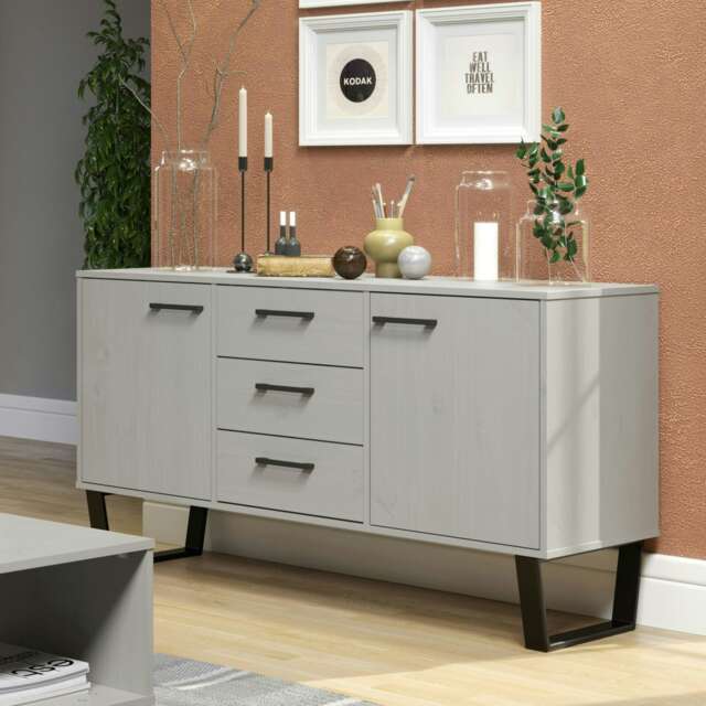 Texas 2 Door 3 Drawer Medium Sideboard in Antique Waxed Pine - Industrial Style with Metal Legs Grey Grey One Size 1