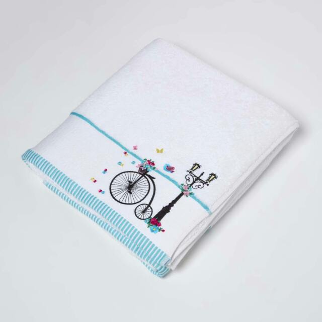 Homescapes Turkish Cotton Embroidered Bicycle White Bath Sheet