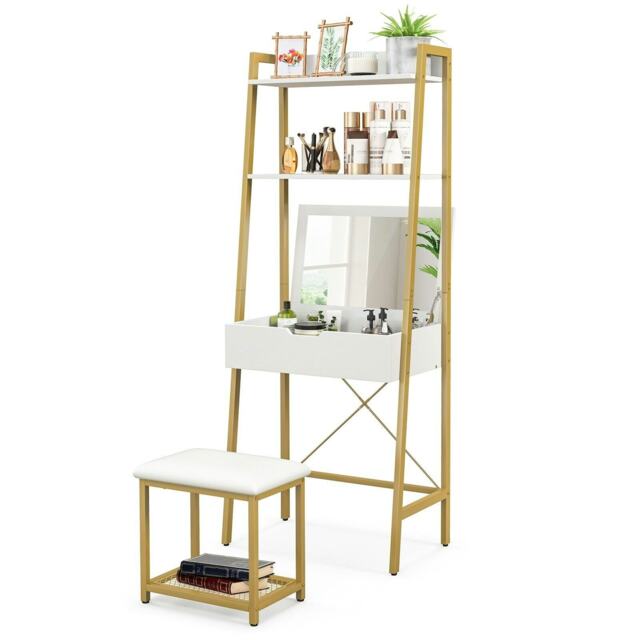 COSTWAY 3 IN 1 Vanity Dressing Table Set Cushioned Stool White