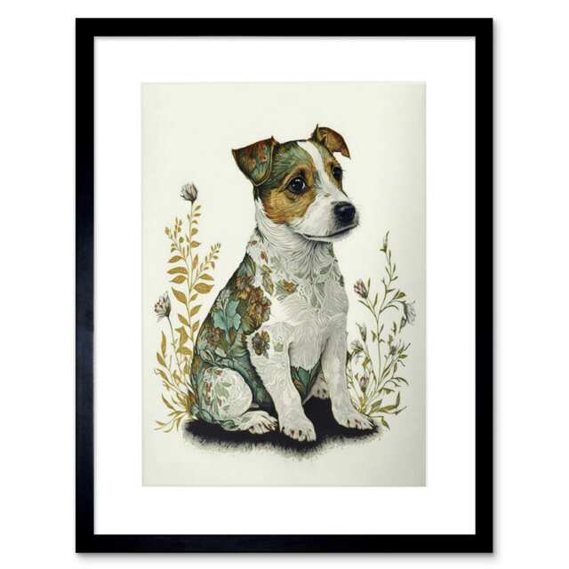 "Cute Jack Russell Dog Puppy Flower Patterns Colour Pencil 9x7"" Black Framed Wall Art Print"