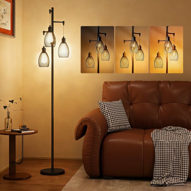 HOMCOM 3Light Floor Lamp, 170cm Industrial Dimmable Standing Lamp with Steel Wire Cage Lampshades for Living Room, Bedroom, Dining Room, Study, Bulb Not Included, Black