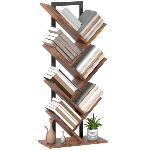 HOMCOM 7-Tier Tree Bookshelf with Steel Frame for Living Room, Rustic Brown Brown