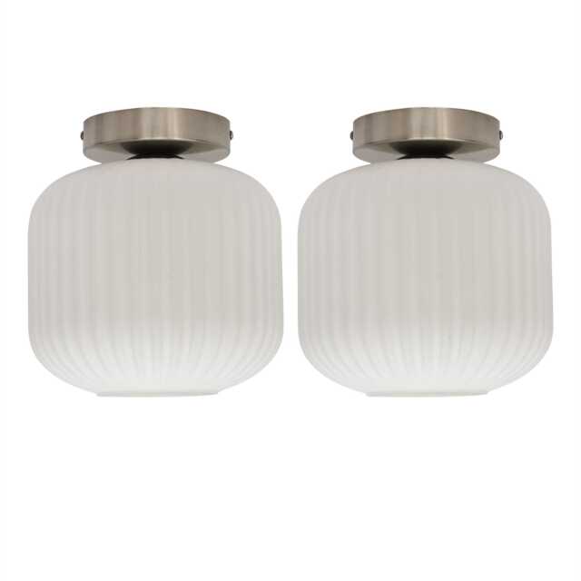 Set of 2 Bento - White Glass Satin Nickel Ceiling Light Fittings