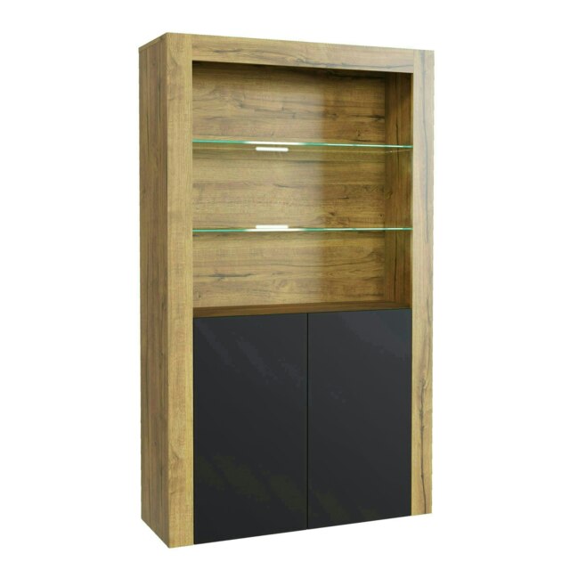 Oak Display Cabinet 100cm Matt Finish Free LED Modern Tall Storage Unit Brown Black