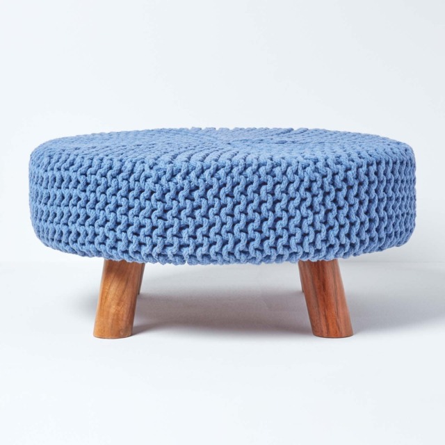 Homescapes Blue Large Round Cotton Knitted Footstool on Legs