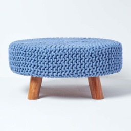 Homescapes Blue Large Round Cotton Knitted Footstool on Legs
