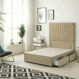 Sunburst Divan Bed with 2 Drawers & 54'' Floor Standing Headboard Linen Fabric Brown Wheat