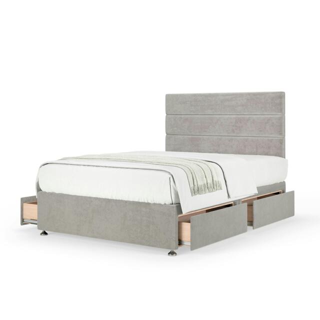 Memory Maestro Memory Foam Seal Grey Naples Velvet 4 Drawer Divan Set And Milan Headboard King Size