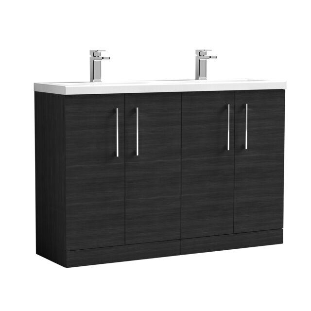 Balterley Level Floor Standing 4 Door Double Basin Vanity Unit for Modern Bathroom Storage Black Black Woodgrain