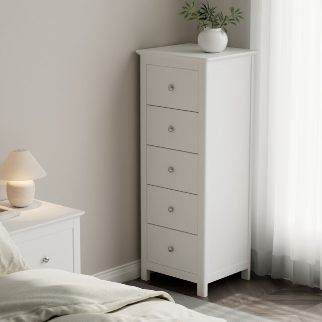 Nairn White 5 Drawer Narrow Chest of Drawers - White Painted Wood Bedroom Storage with Polished Steel Handles