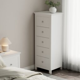 Nairn White 5 Drawer Narrow Chest of Drawers - White Painted Wood Bedroom Storage with Polished Steel Handles