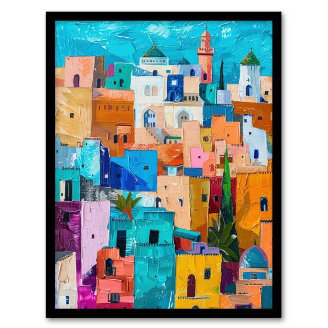 Quirky Morocco Cityscape Oil Colourful Home Decor Black Framed Wall Art Print A4