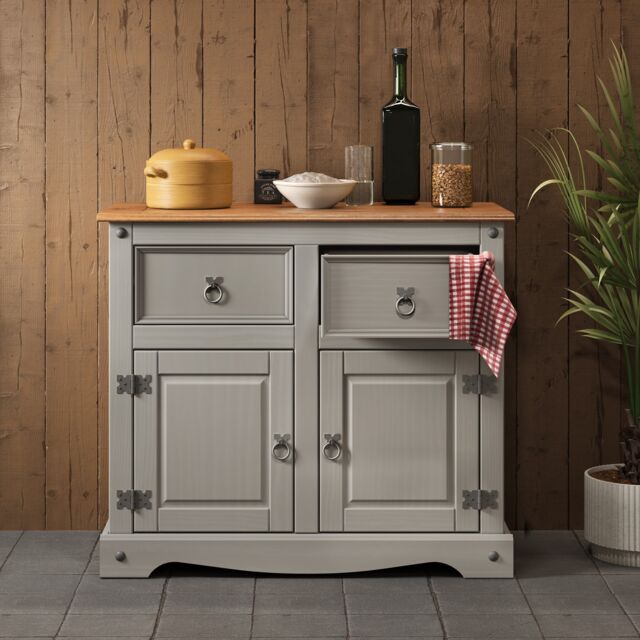 Mercers Furniture Corona 2 Door Sideboard Grey Painted Wax 2 Drawer Solid Wood Pine Wooden Cabinet with Mexican Styling