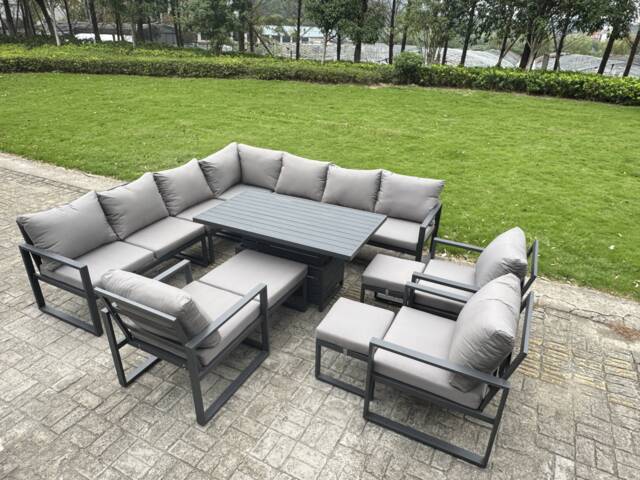 Fimous L-shaped Garden Furniture Set 13-Seater Aluminium Outdoor Dining Set with Adjustable Rising Lifting Dining Table 3 Footstools 3 Chairs Dark Grey
