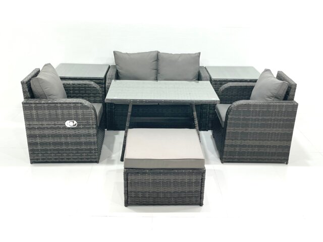 Fimous Outdoor Garden Furniture Set Rattan Sofa Dining Table Set with Reclining Chair 2 Side Tables Big Footstool Dark Grey Mixed