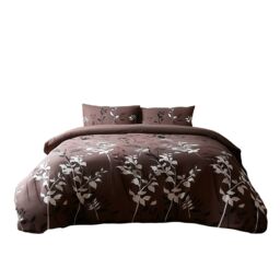 Duvet Cover And Pillowcase Set Floral Leaf Design Polycotton Bed Linen Brown Super King
