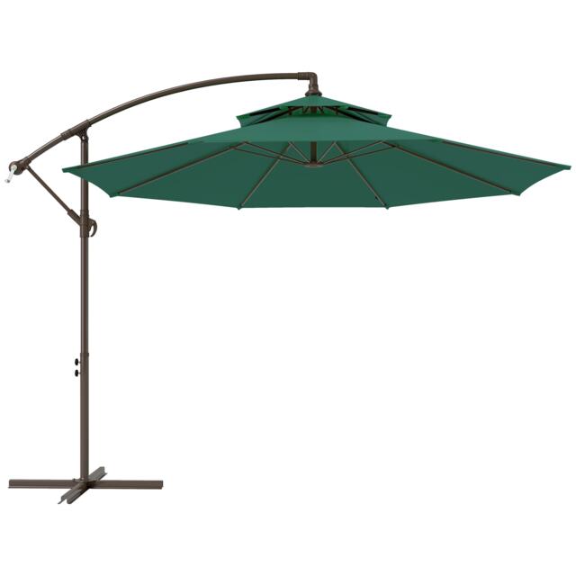 Outsunny 2.7m Garden Banana Parasol Cantilever Umbrella with Crank Handle, Double Tier Canopy and Cross Base for Outdoor, Hanging Sun Shade, Green